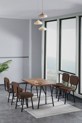 Hayat 70x110cm Sabit Atlantik Mutfak Masası, Mutfak Masası Takımı, Yemek Masası, 4 Kahve Sandalye Kahverengi