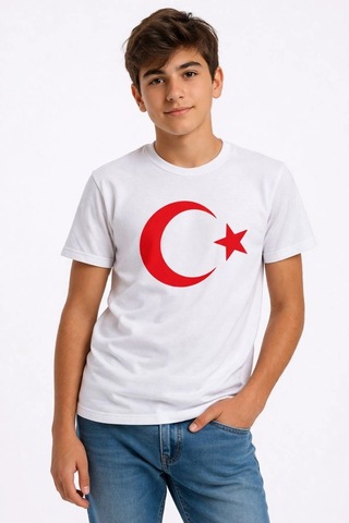 Wear Vexel Erkek Çocuk Tişört Bisiklet Yaka Ay Yıldız Bayrak Baskılı T-shirt - Beyaz Çok Renkli