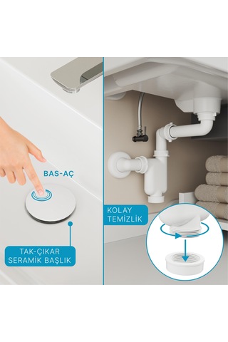 Aqua Bagno Comfort Yer Kazandıran Lavabo Sifonu + Pop-up Sifon, Beyaz Seramik Başlıklı ,taşma Deliksiz, 1 -1/4 Beyaz