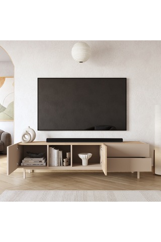 Robin Home Luka Tv Ünitesi Sehpası 2 Kapaklı 2 Geniş Çekmeceli Ahşap Ayaklı 180cm Kumsal-sepet Bej