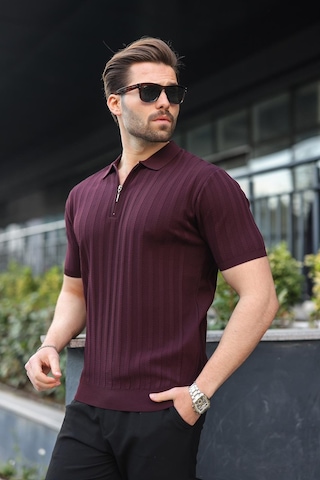 Madmext Bordo Yarım Fermuarlı Polo Yaka Erkek Kazak E7458 Bordo