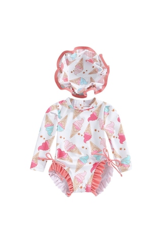 Aşırı Şirin Güneş Korumalı Uzun Kollu Dondurma Mayo Ve Şapka Set