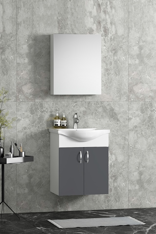 Yıldız 50 Cm Antrasit Gri Mdf Seramik Lavabolu Asma Banyo Dolabı Takım Beyaz-antrasit Gri Mat