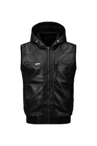 Kapüşonlu Triko Yaka Ve Triko Bel Hakiki Kuzu Derisi Yelek Siyah
