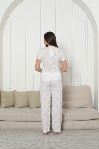 Kadın Örgü Kumaş Blue Flower Pattern Kısa Kol Pijama Takımı Mavi