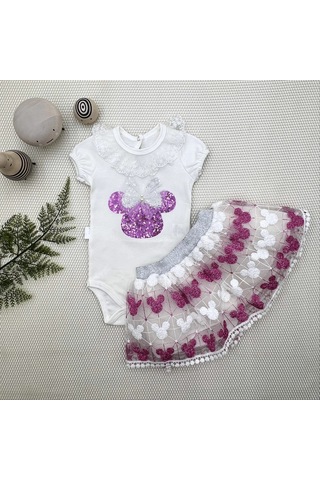 Peruflic 1-2-3 Yaş Payetli Mickey Nakışlı Kısa Kollu Brode Etekli 2li Kız Bebek Takımı Fuşya