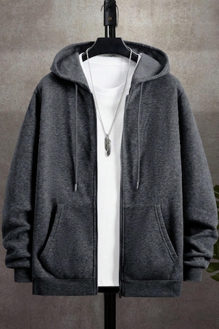 Cool Tarz Unisex Relax Fit Rahat Kesim Pamuklu İçi Polarlı Çift Cepli Fermuarlı Füme Kapüşonlu Sweatshirt Füme Füme