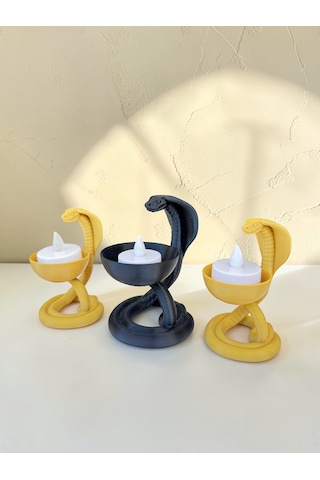 3'lü Kobra Figürlü Tealight Mumluk Seti Gold Mat Siyah Dekoratif Yılan Mumluk Gold - Siyah