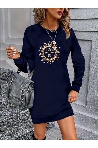 Kadın Uzun Kollu Bisiklet Yaka Güneş Desenli Viskon Iki Iplik Elbise Lacivert
