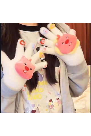 Cilt Bakımı İçin Hayvan Stili Kalınlaştırılmış Sıcak Peluş Parmak Eldivenleri, Süper Yumuşak, Güçlü Ve Soğuğa Dayanıklı