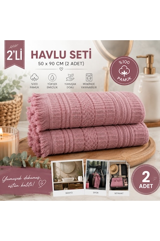 2'li Yüz Havlusu Seti 50x90 Cm Pamuklu El Havlusu Püsküllü Yumuşak Dokulu Yüksek Emici Günlük Kullanım Gülkurusu