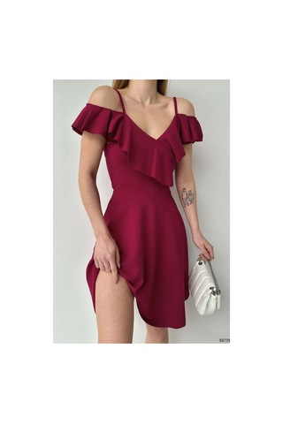 Lior Design Kadın Trend Model Esnek Krep Kumaş Kruvaze Yaka Volanlı Abiye Elbise Bordo