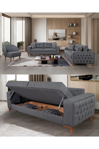 Nola Koltuk Takımı 3 3 1 & Bazalı Yataklı Koltuk & Kanepe - Antrasit Keten Kumaş 3+3+1