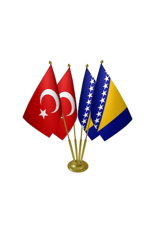 Masa Üstü Bosna Hersek Bayrağı Türk Bayrağı Dörtlü Pirinç Direk M