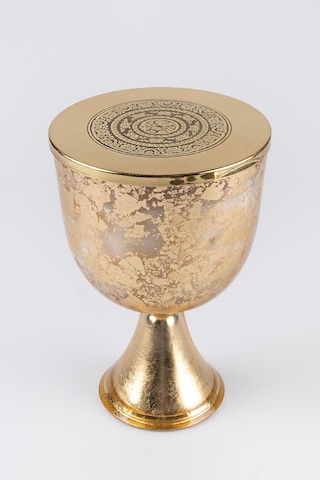 Altın Varak Eskitme Ayaklı Cam Mumluk Kokusuz Mum Logo Kapaklı Büyük 24.5x15 Cm