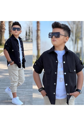 Modavals Cep Ve Kol Detaylı Düğmeli Ceket Baskılı Tişört Ve Kargo Pantolon 3 Parça Erkek Çocuk Takım-589274601 Siyah
