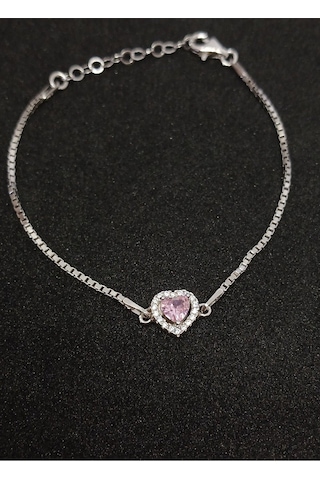 Pembe Kalp Taşlı 925 Ayar Gümüş Bileklik Şık Ve Romantik Takı, Hediye İçin Mükemmel Seçim Pembe