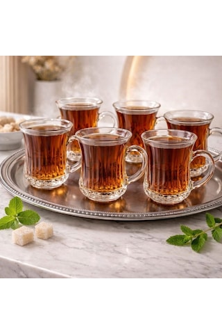 6 Lı Cam Kulplu Çizgili Çay Bardağı Bardak 120ml Cam - Şeffaf
