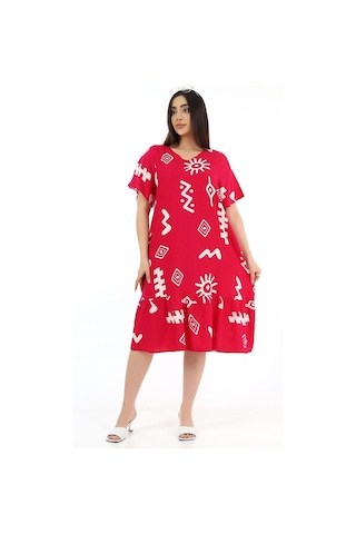 Schık Kadın Viskon Yarım Kol V Yaka Cepli Fırfırlı Elbise Kırmızı Kırmızı