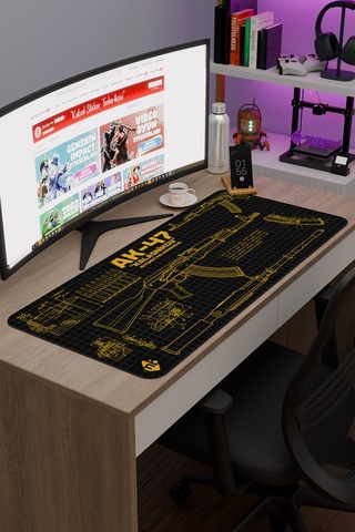 Ak 47 Siyah Kalaşnikov Cs Dikişli Kauçuk Oyuncu Mousepad - 90x40 Gaming Mouse Pad Ak-47 Sarı