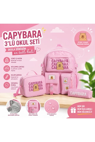 Capybara Desenli 3 Parça İlkokul Ortaokul Çanta Seti Sırt Çantası Beslenme Çantası Kalemlik Pembe