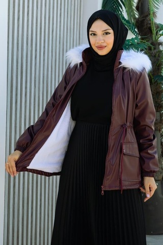 Belden Bağcık, Fermuar Detaylı Kapşonlu Kısa Deri Mont-brc6265 Bordo