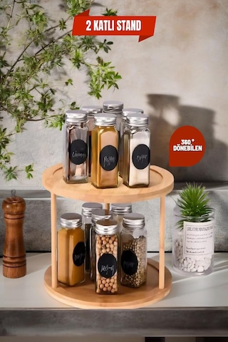 360 Dönen Bambu 2 Katlı Baharatlık Düzenleyici , Sunumluk, Organizer, Katlı Stant Diğer
