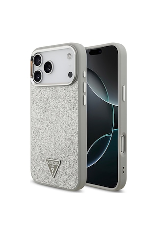 Apple Uyumlu iPhone 17 Pro Max Kılıf Guess Lisanslı M-safeli Metal Kamera Çerçeve Üçgen Logolu Glitter Gri Gri