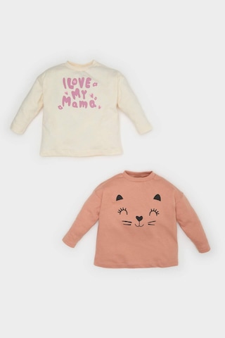 DeFacto Kız Bebek Yenidoğan Bisiklet Yaka Baskılı Penye 2'li Uzun Kollu Tişört E6362A525SPER233 Ekru