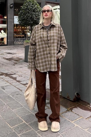 Seeh Haki Oversize Ekose Desenli Kadın Gömlek Sh334 Ekoseli