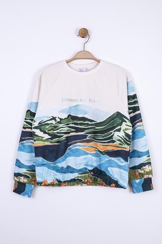 Kız Çocuk Tasarım Camping Sweatshirt-13357-krem Yeşil Krem - Yeşil