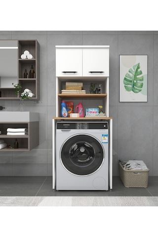 Enda Home Çamaşır Makinesi Dolabı 2 Kapaklı Banyo Dolabı Çam Atlantik Çam - Beyaz