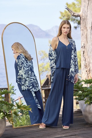 Monamise Kadın Yaprak Desenli Dekolteli V Yaka 3'lü Alt Üst Takım 25012 Lacivert