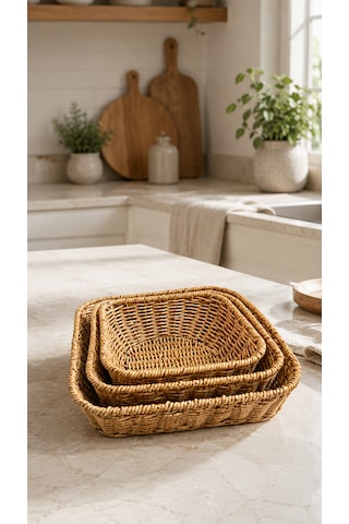 3'lü Kare Hasır Sunumluk Sepet Badya Leğen Tabak Kase - Masaüstü Organizer Rattan Sunum Meyvelik - Ekstra Kaliteli Çelik Rattan 26 X 26
