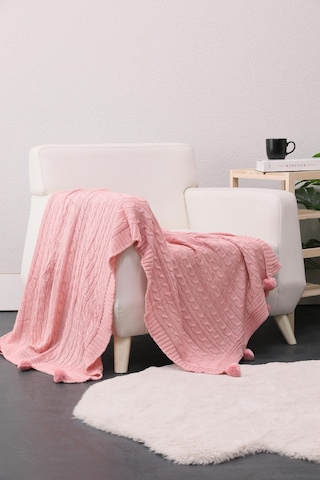 Biocotton Triko Ponponlu Örgü Tv Battaniyesi - Pudra