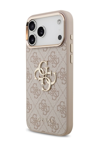 Apple Uyumlu iPhone 17 Pro Max Kılıf Lisanslı Gold Metal Kamera Çerçeveli Metal Büyük 4g Yazı Logolu Pembe Pembe