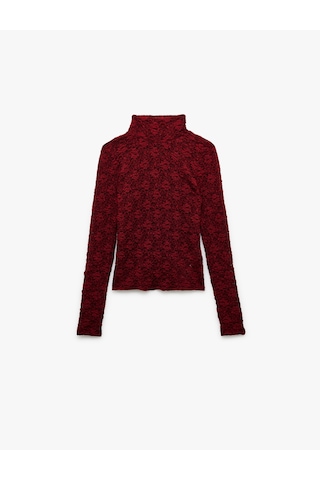 Koton Slim Fit Uzun Kollu Dik Yaka Floral Dokulu Dantelli Bluz Bordo 6wak80001ek Bordo
