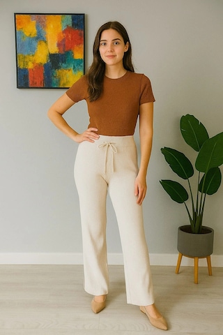 Kadın Yüksek Bel Triko Pantolon Beyaz