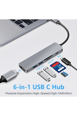 Xuweiwei Usb C Hub Gray Macbook Pro Uyumlu 6ın1 Usbc Hdtv Dongle 4k Hdtv 2usb3 0 Sd Tf Kart Okuyucu 100w Pd