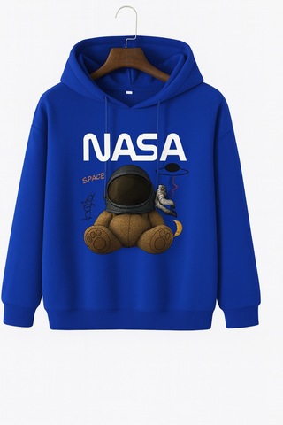 Kokina 3 İplik Penye Unisex Nasa Ayıcık Baskılı Kapüşonlu Sweatshirt Saks Mavisi