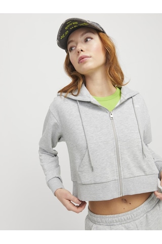 Jack & Jones Kadın Logo Baskılı Fermuarlı Sweatshirt - Alfa - 12258450 Light Grey Melange Açık Gri Melanj