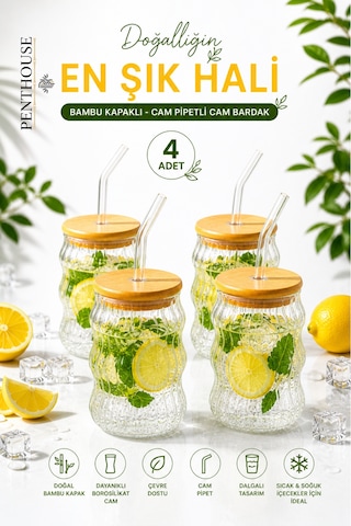 Bambu Kapaklı Cam Pipetli Bardak Sunum Bardağı Dalgalı Tasarım, Soğuk & Sıcak İçecek Uyumlu Cam - Şeffaf