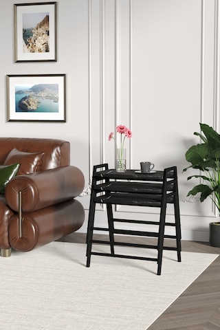 Zigon Sehpa , Aden 3'lü Tepsi Zigon Sehpa Takımı Siyah Metal - Siyah Mermer Tabla Siyah-siyah Mermer