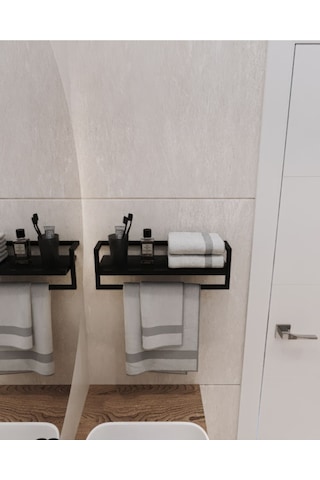 Aju Havluluk Siyah Duvara Monte Raf Aksesuarlık Şal Askılığı Banyo Mutfak Düzenleyici Çok Amaçlı Raf Siyah