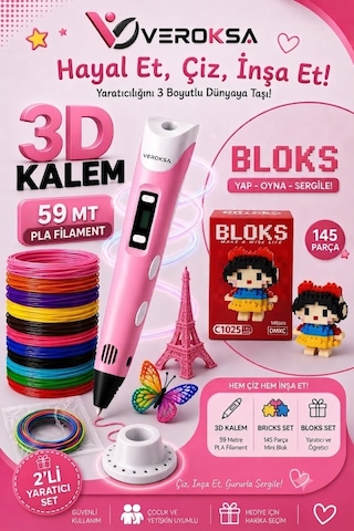 Pembe 3d Kalem Ve 145 Parça Blok Seti Yaratıcılığını 3 Boyutlu Dünyaya Taşı