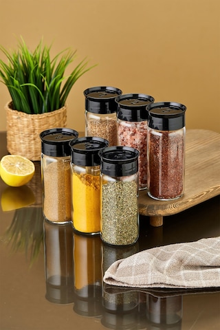 6'lı Cam Baharatlık Seti - Siyah Siyah
