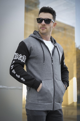 Oksit Extrem Pamuklu Üç İplik Şardonlu Fermuarlı Kapüşonlu Kol Baskılı Slim Fit Erkek Sweatshirt