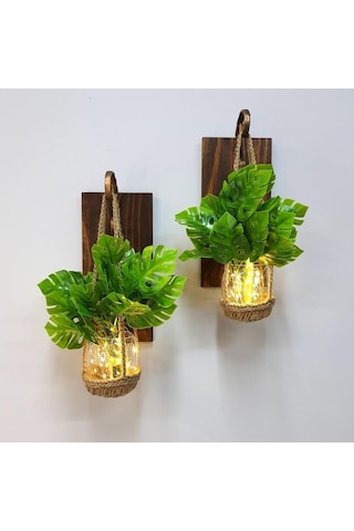 Duvar Dekoru, Led Işıklı, Deve Tabanı Çiçekli, Ceviz Aplik İkili Set