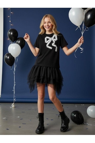 Zekids Kız Çocuk Fiyonk Desenli Yarım Kollu Tasarım T-shirt-16533 Siyah