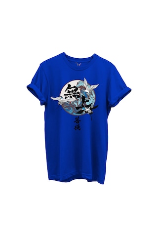 Japon Sanatı Stilinde Turna Kuşları Ve Dalga Desenli %100 Pamuk Regular Fit Unisex T-shirt Mavi